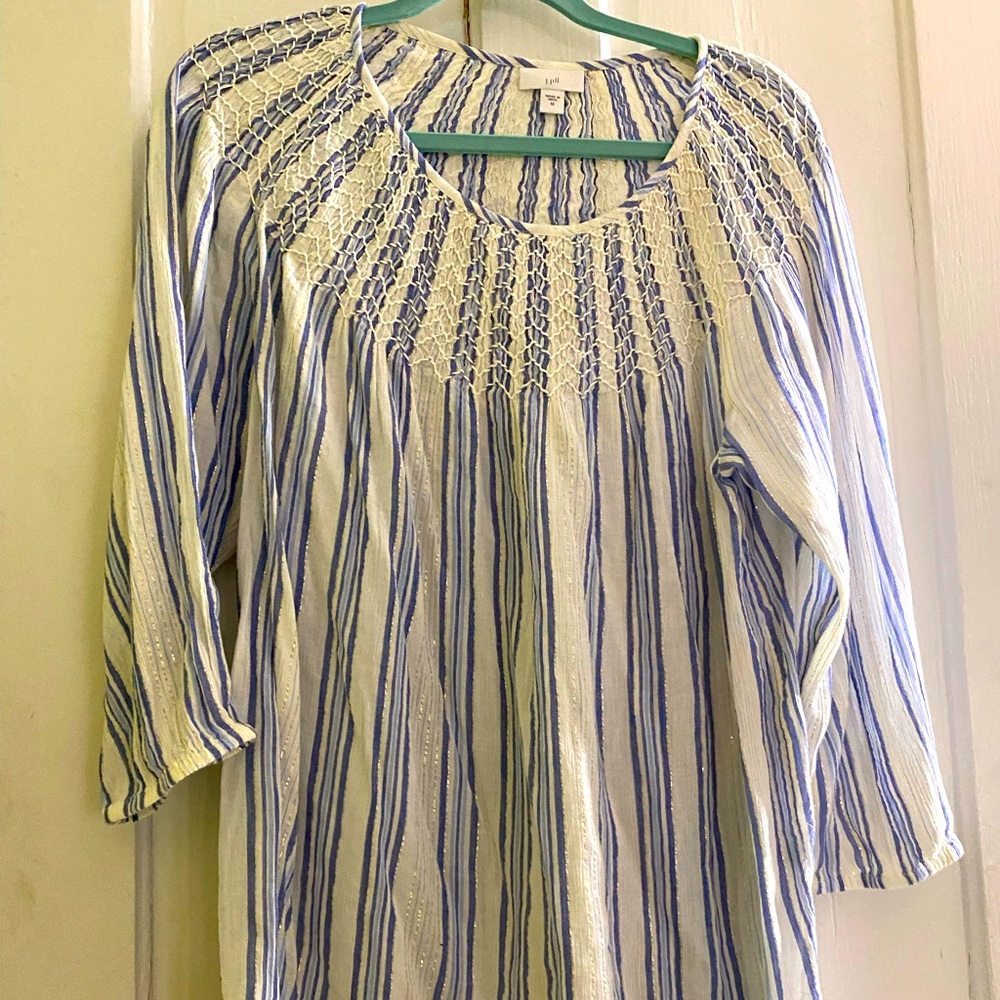 J Jill peasant blouse light blue, gold threaded